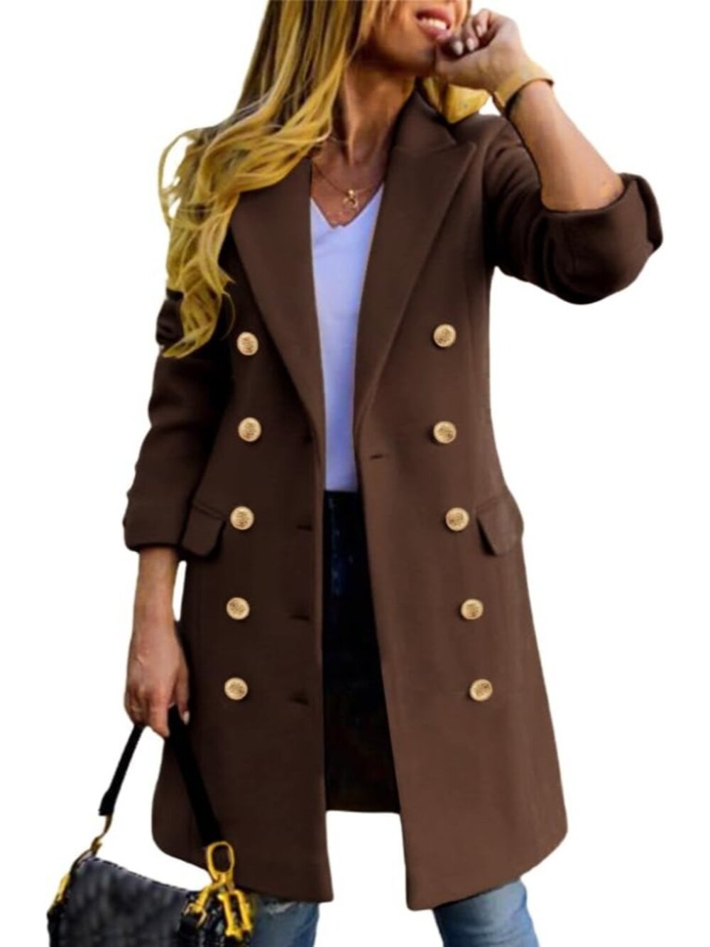 Women's Brown Wool Blend Double Breasted Gold Buttons Fall Midi Long Trench Coat